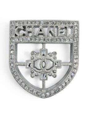 Chanel Emblem Logo CC Rhinestone Brooch Silver